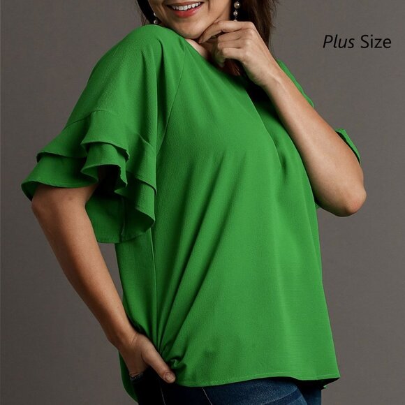 Layered Ruffle Sleeve Top / Blouse - Boxy Cut - Wide Round Neck - Grass Green - Picture 2 of 10
